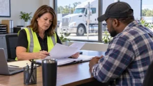 A trucking company safety manager reviews a commercial driver’s qualifications during a professional hiring meeting.
