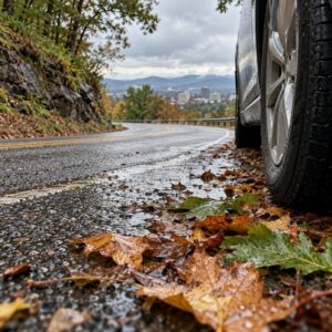 Two cars travel cautiously on a wet, leaf-covered Greenville roadway after autumn rain.