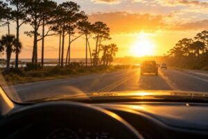 A driver faces bright low sun glare on a South Carolina road at sunset.